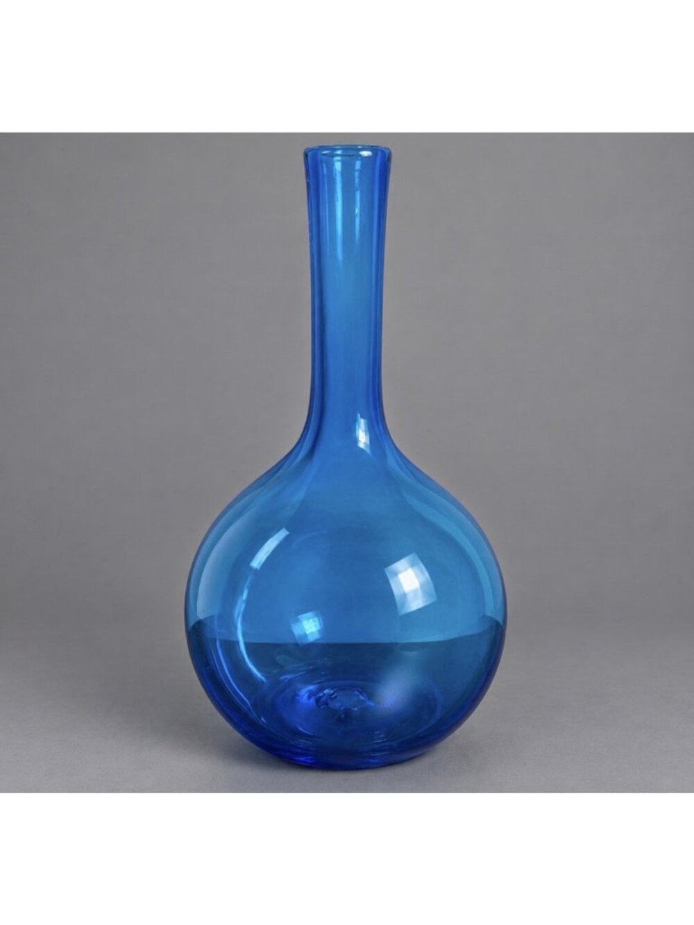Vintage Bright Blue 11" Hand Blown Glass Bulb Vase Bottle MCM Style